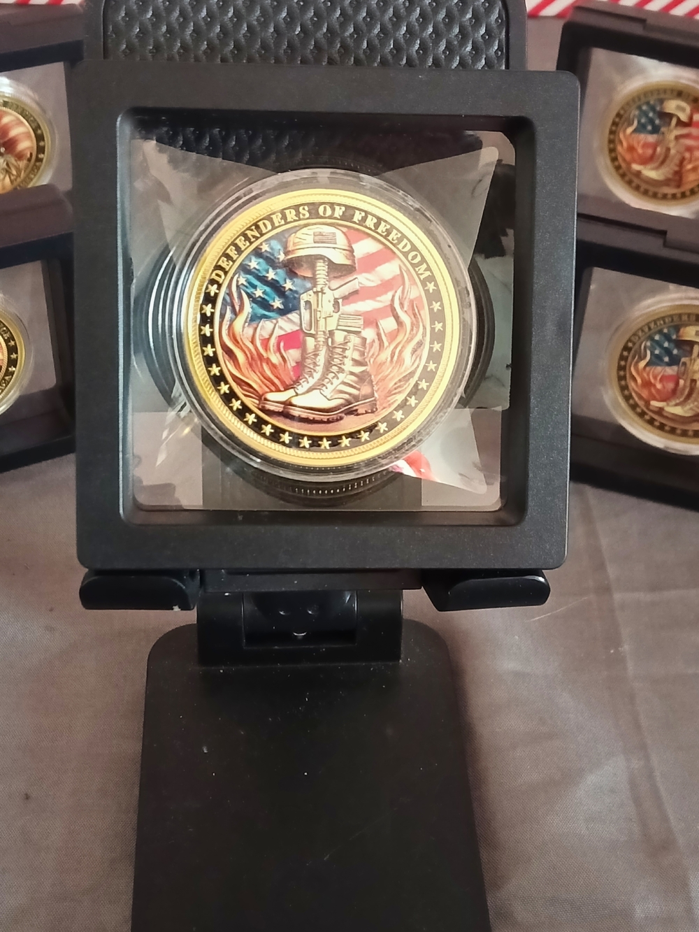 2 Patriotic Collectible Coins with Flag and Boot Design - Red, Blue, Gold